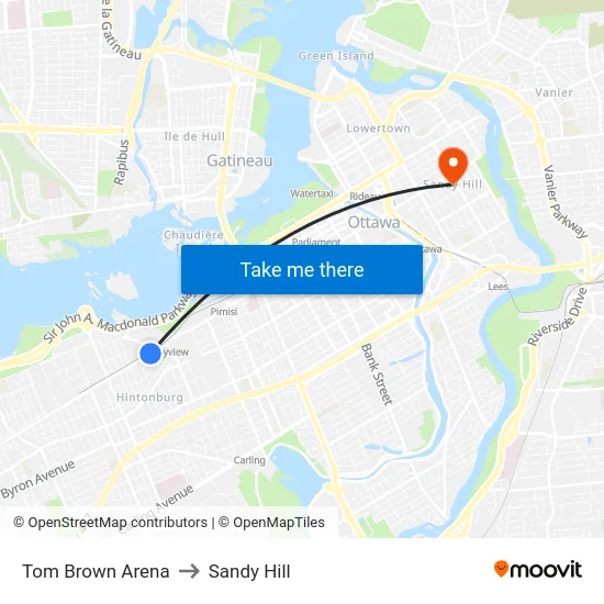 Tom Brown Arena to Sandy Hill map