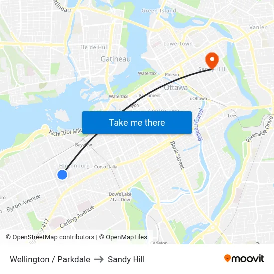 Wellington / Parkdale to Sandy Hill map