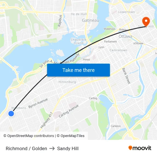 Richmond / Golden to Sandy Hill map