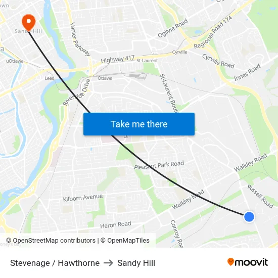 Stevenage / Hawthorne to Sandy Hill map