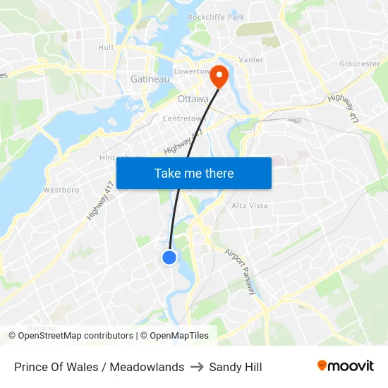 Prince Of Wales / Meadowlands to Sandy Hill map
