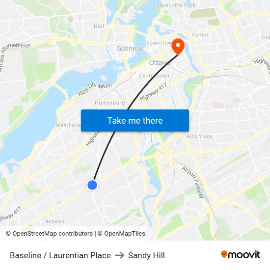Baseline / Laurentian Place to Sandy Hill map