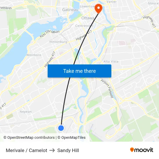 Merivale / Camelot to Sandy Hill map
