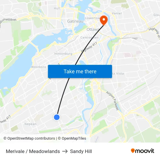Merivale / Meadowlands to Sandy Hill map