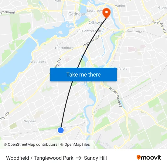 Woodfield / Tanglewood Park to Sandy Hill map