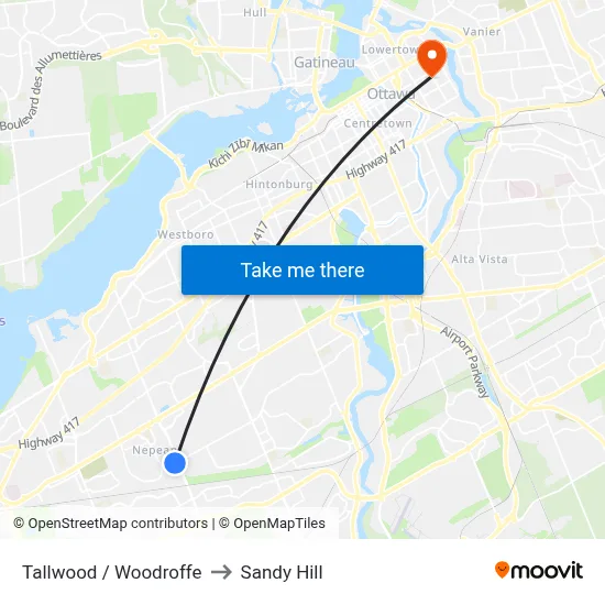 Tallwood / Woodroffe to Sandy Hill map