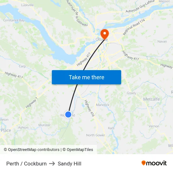 Perth / Cockburn to Sandy Hill map
