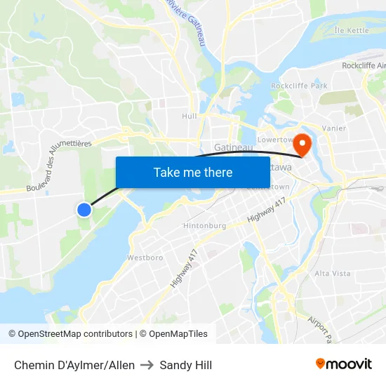 Chemin D'Aylmer/Allen to Sandy Hill map