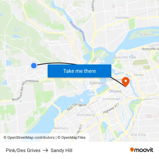 Pink/Des Grives to Sandy Hill map