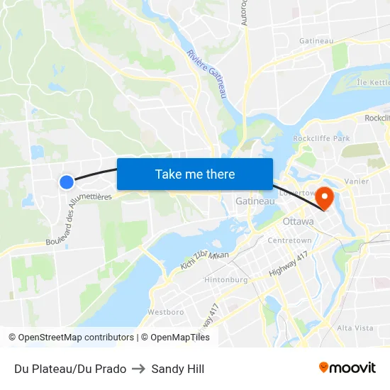 Du Plateau/Du Prado to Sandy Hill map