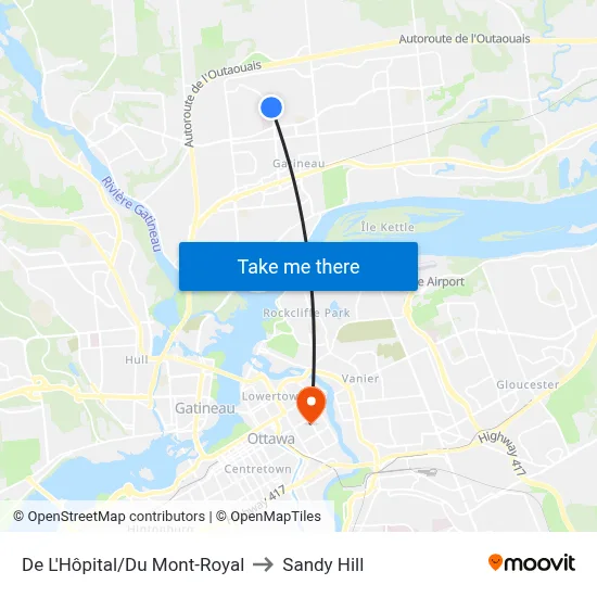 De L'Hôpital/Du Mont-Royal to Sandy Hill map