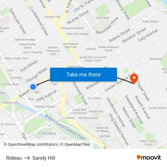 Rideau to Sandy Hill map