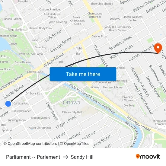 Parliament ~ Parlement to Sandy Hill map