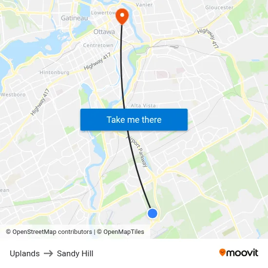 Uplands to Sandy Hill map