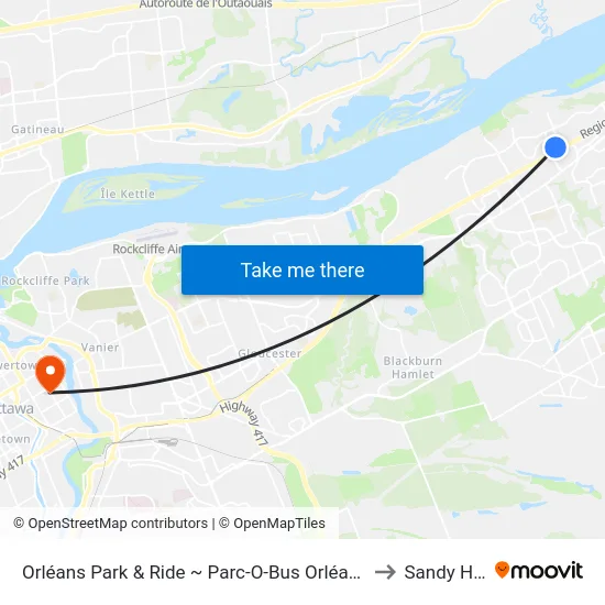 Orléans Park & Ride ~ Parc-O-Bus Orléans to Sandy Hill map