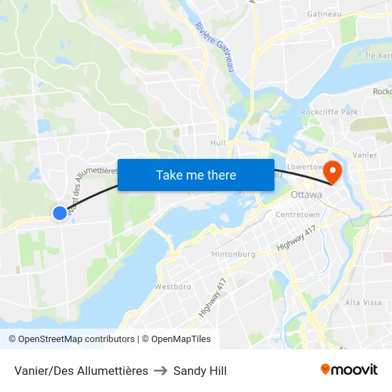 Vanier/Des Allumettières to Sandy Hill map