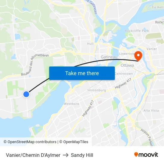 Vanier/Chemin D'Aylmer to Sandy Hill map