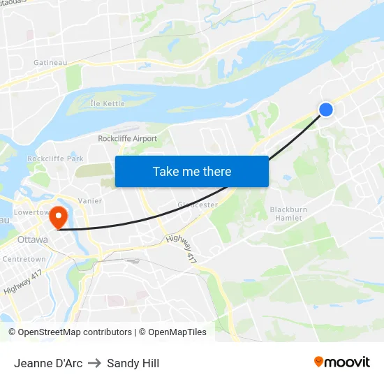 Jeanne D'Arc to Sandy Hill map