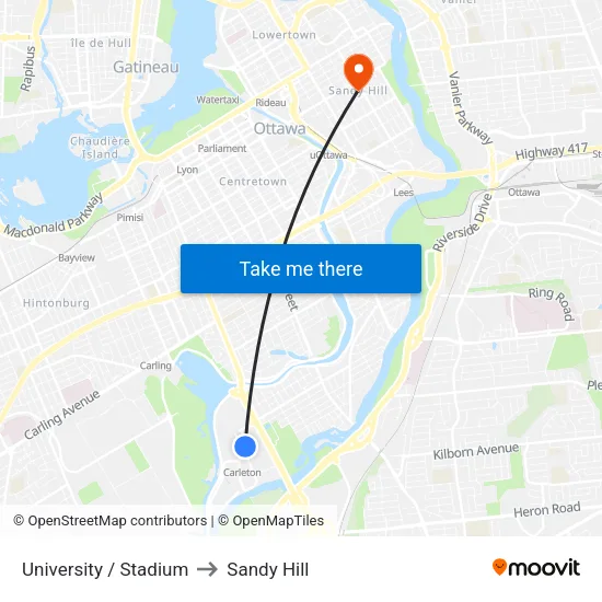 University / Stadium to Sandy Hill map