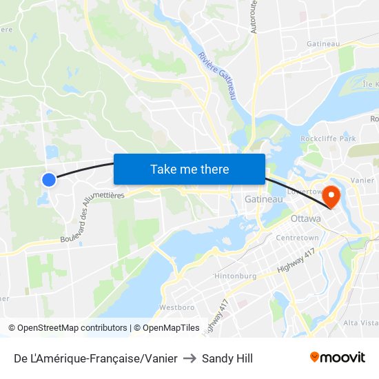 De L'Amérique-Française/Vanier to Sandy Hill map