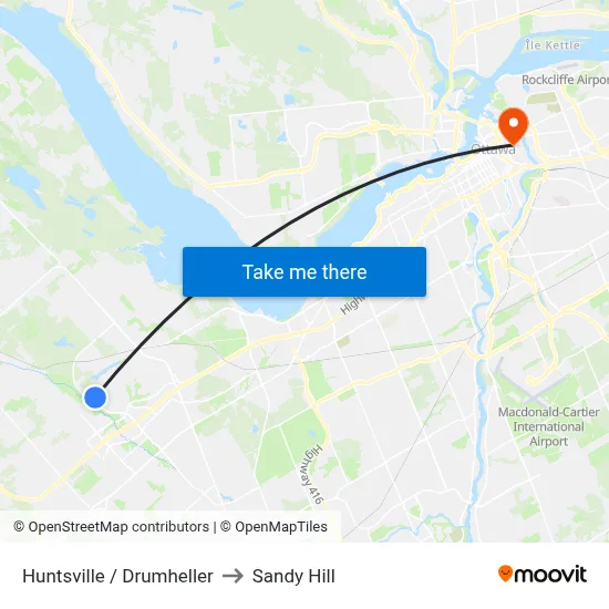 Huntsville / Drumheller to Sandy Hill map