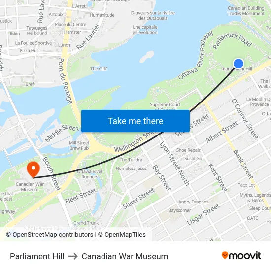 Parliament Hill to Canadian War Museum map