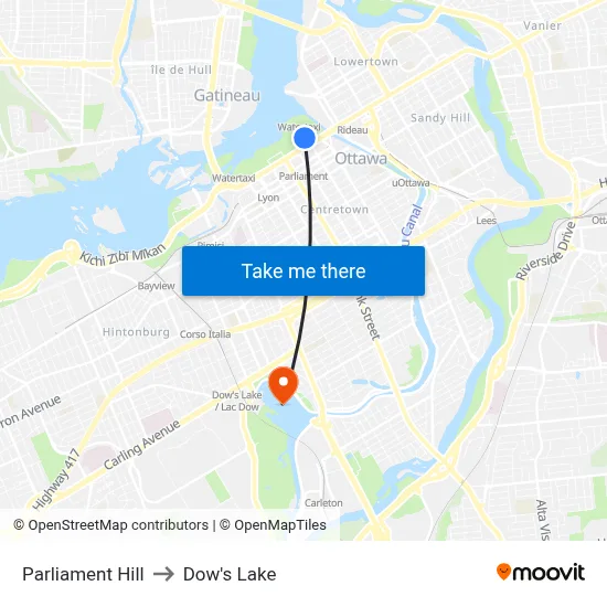 Parliament Hill to Dow's Lake map