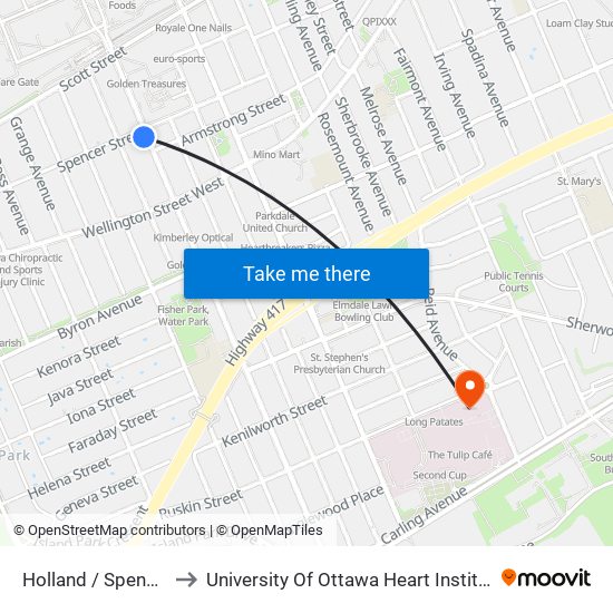 Holland / Spencer to University Of Ottawa Heart Institute map