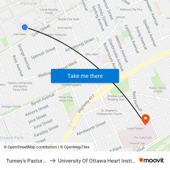 Tunney's Pasture F to University Of Ottawa Heart Institute map