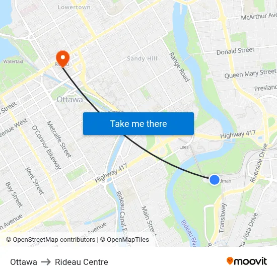 Ottawa to Rideau Centre map