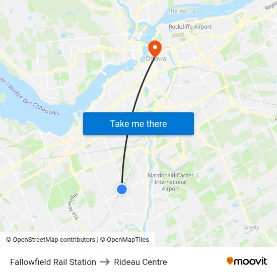 Fallowfield Rail Station to Rideau Centre map