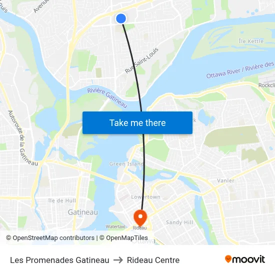 Les Promenades Gatineau to Rideau Centre map