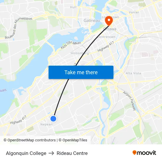 Algonquin College to Rideau Centre map