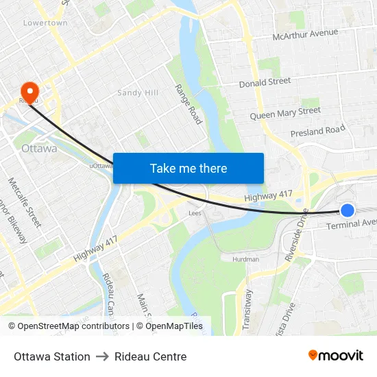Ottawa Station to Rideau Centre map