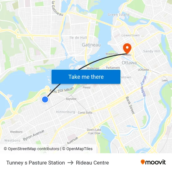 Tunney s Pasture Station to Rideau Centre map