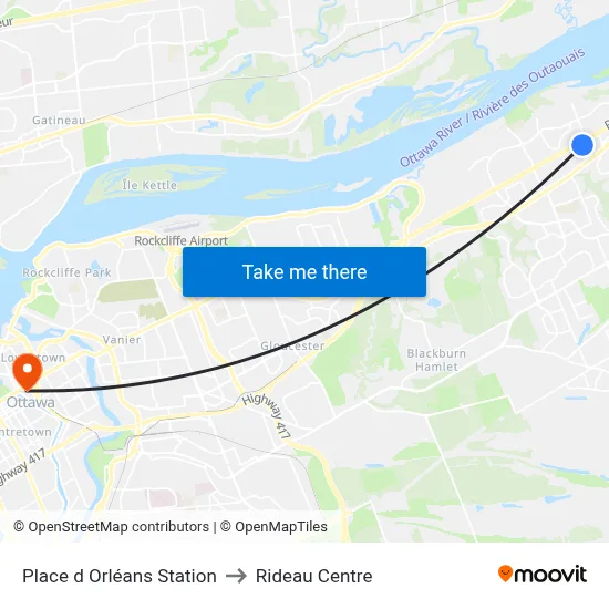 Place d Orléans Station to Rideau Centre map
