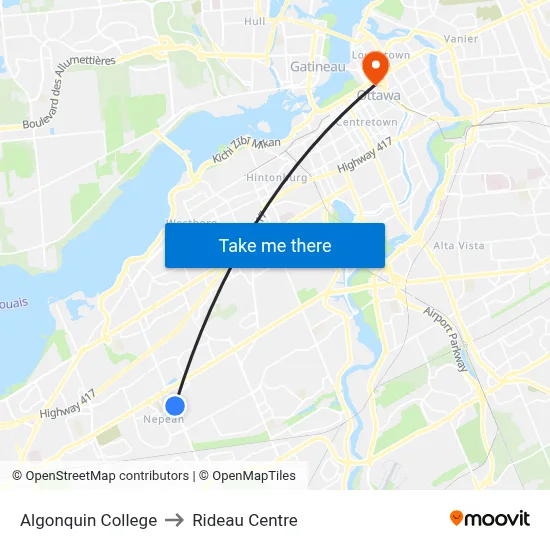 Algonquin College to Rideau Centre map