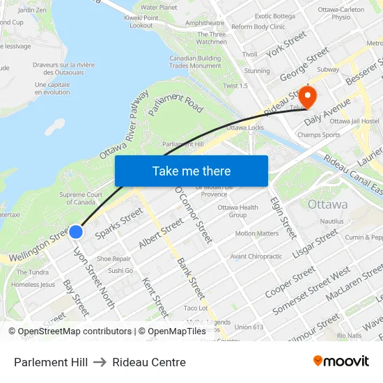 Parlement Hill to Rideau Centre map