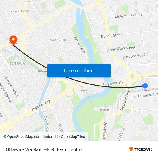 Ottawa - Via Rail to Rideau Centre map