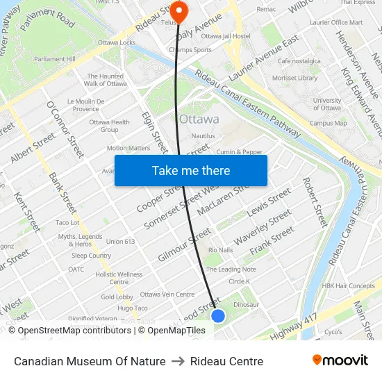 Canadian Museum Of Nature to Rideau Centre map