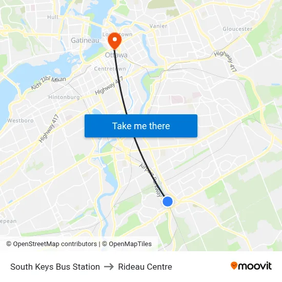 South Keys Bus Station to Rideau Centre map