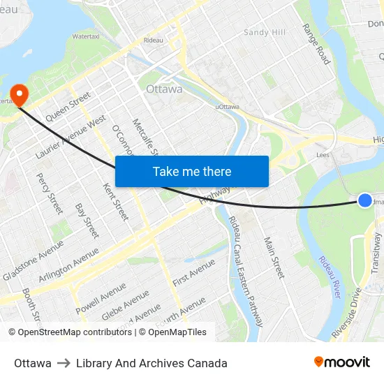 Ottawa to Library And Archives Canada map