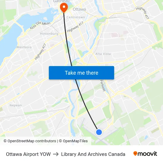 Ottawa Airport YOW to Library And Archives Canada map