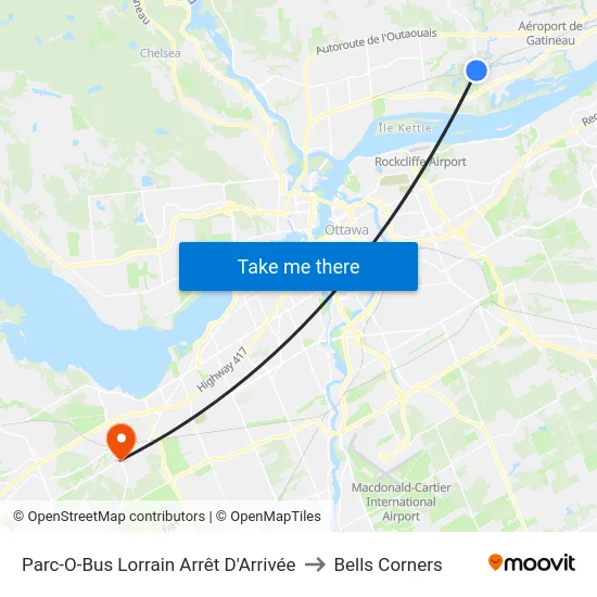 Station Lorrain Arrêt D'Arrivée to Bells Corners map
