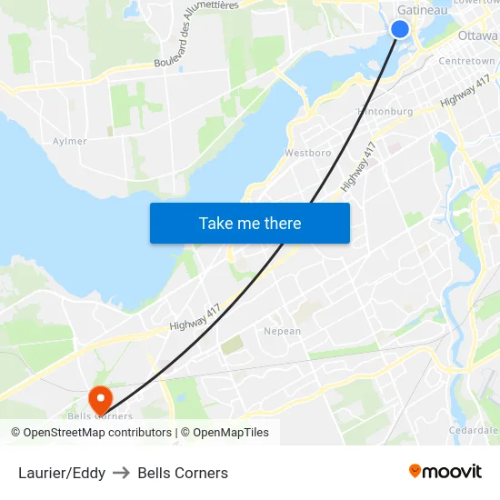 Laurier/Eddy to Bells Corners map