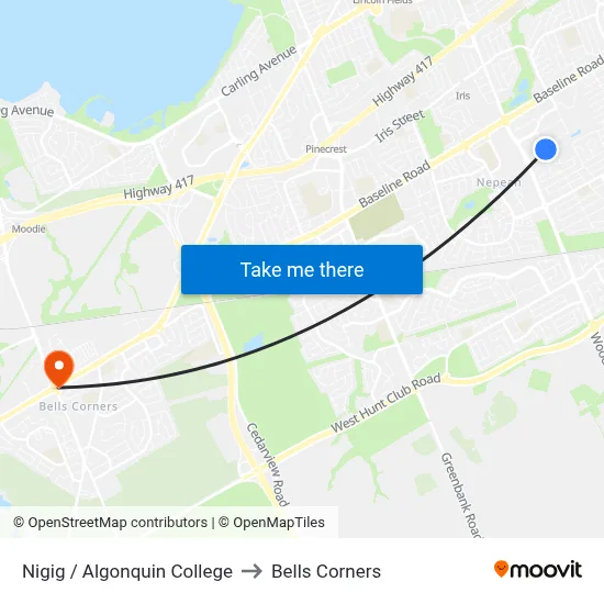 Nigig / Algonquin College to Bells Corners map