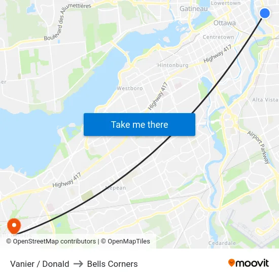 Vanier / Donald to Bells Corners map