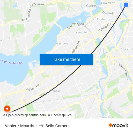 Vanier / Mcarthur to Bells Corners map