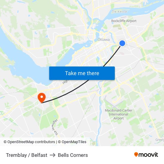 Tremblay / Belfast to Bells Corners map