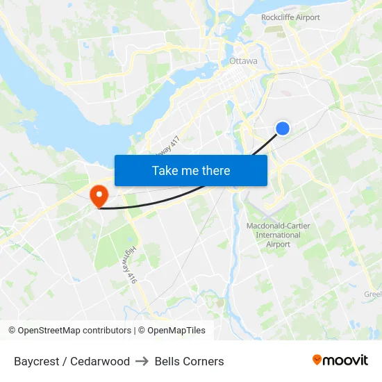 Baycrest / Cedarwood to Bells Corners map